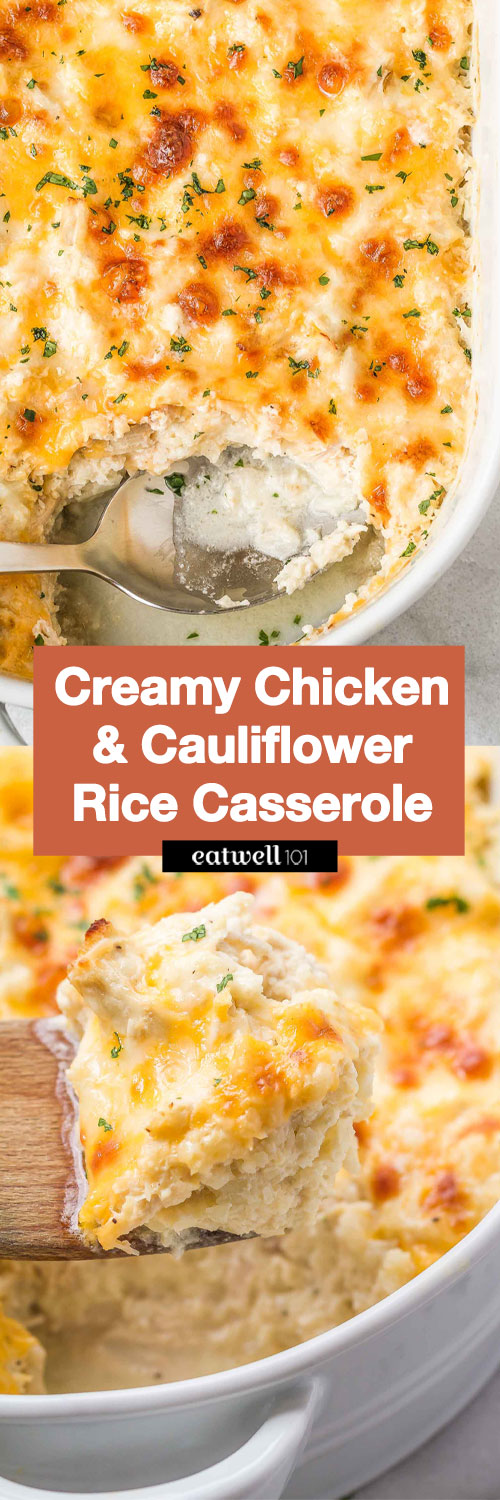Creamy Chicken and Cauliflower Rice Casserole - #eatwell101 #recipe A quick, easy, and over the top tasty #Chicken and #Cauliflower #Casserole #dinner - #glutenfree, #keto, #lowcarb friendly