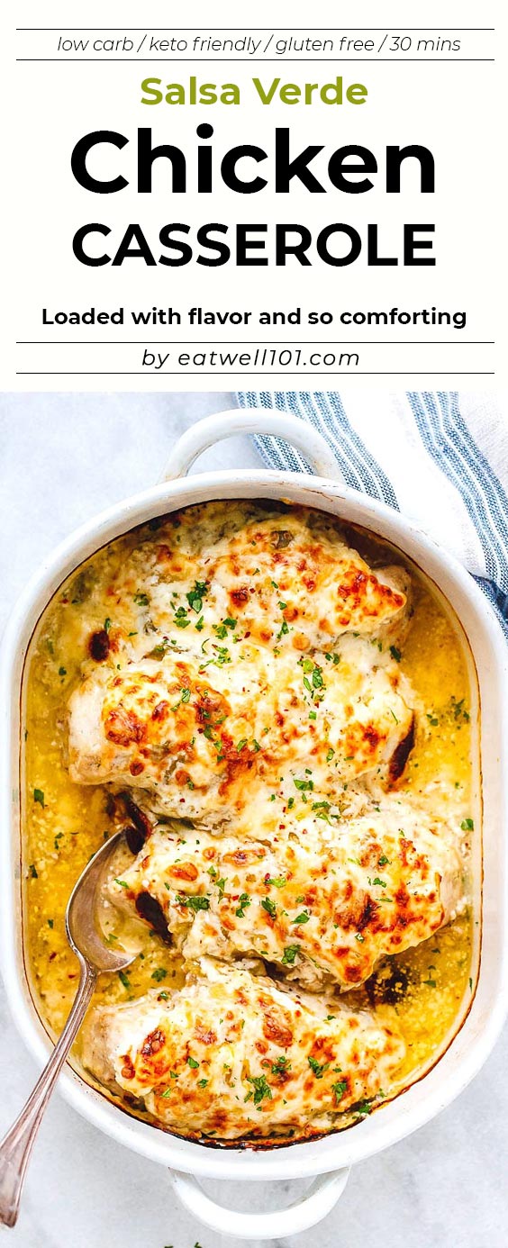 Salsa Verde Chicken Casserole with Cream Cheese and Mozzarella - #eatwell101 #recipe Loaded with flavor and so comforting, it’s seriously good chicken!